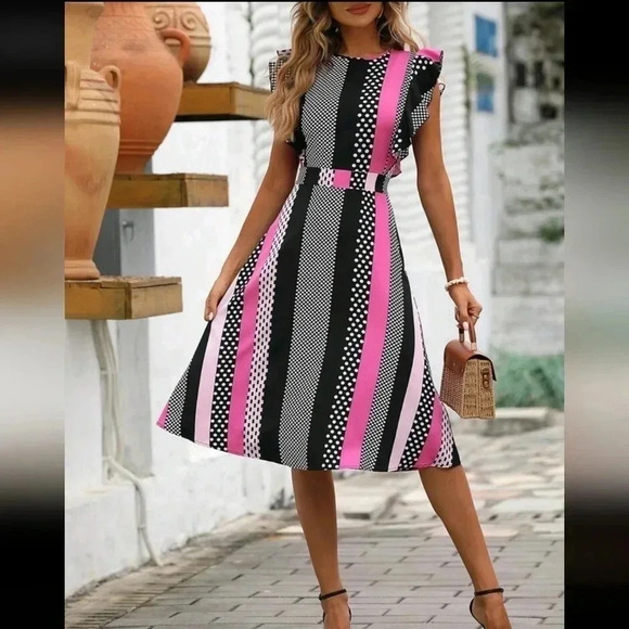 Polka Dot & Striped Print Ruffle Trim Dress - Picture 5 of 8